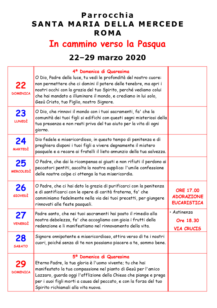 QUARTA SETTIMANA DI QUARESIMA 2020