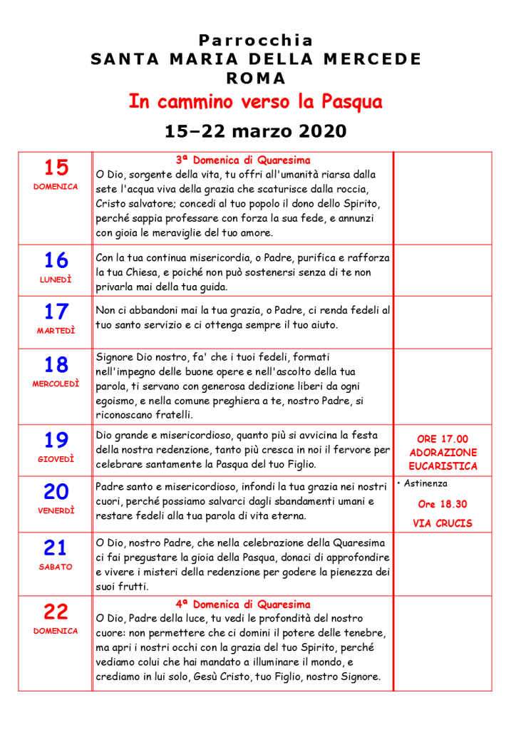 TERZA SETTIMANA DI QUARESIMA 2020